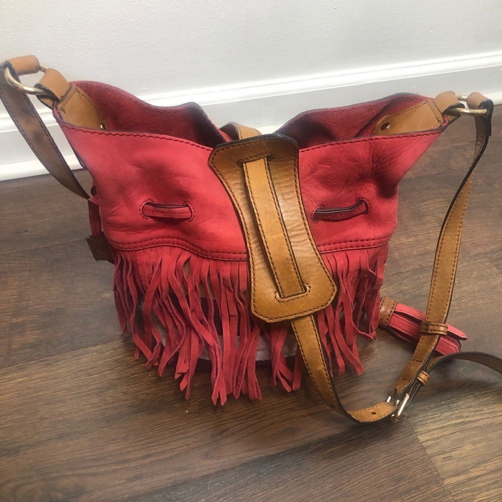 Burberry Belgrove Red Fringe Suede‎ Leather Nova Check Bucket Bag Crossbody - Picture 5 of 13